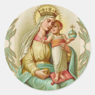Sticker Rond Béni Mère tenant le Globe de Jésus-Enfant