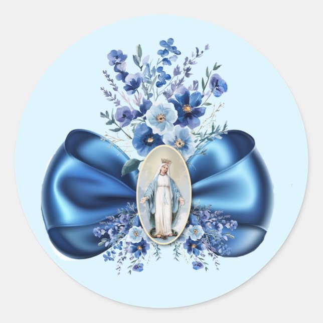 Sticker Rond Bénie Bleue Mère Marie Floral Religieux Catholique (Devant)