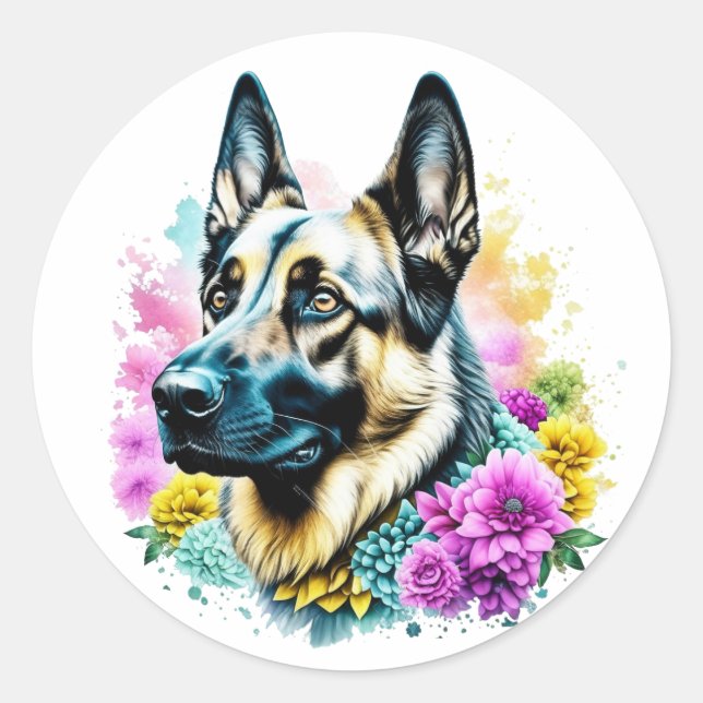 Sticker Rond berger allemand entouré de fleurs (Devant)
