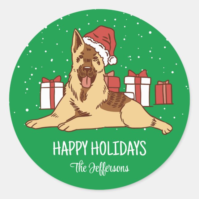 Sticker Rond Berger allemand Noël Chien neige vacances d'hiver (Devant)