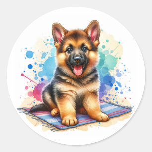 Sticker Rond Berger allemand Puppy Watercolor Ai Art