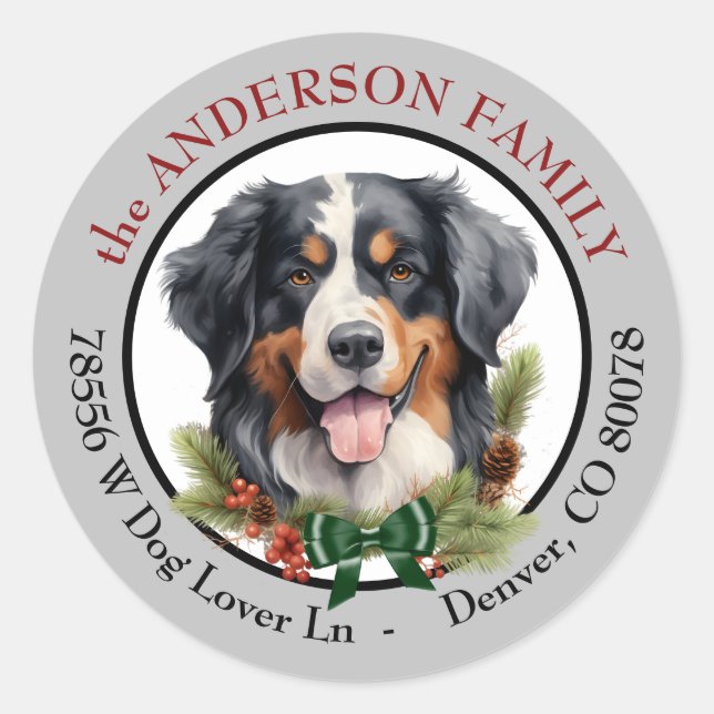 Sticker Rond Bernese Mountain Dog Noël Adresse de retour (Devant)