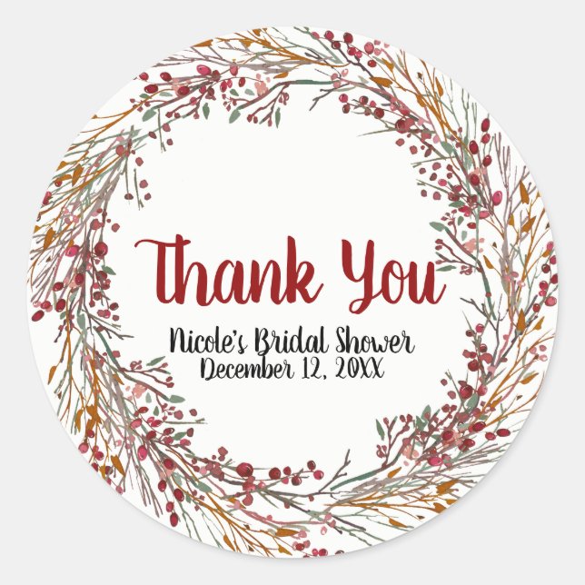 Sticker Rond Berries Rustiques Feuilles Fête Wreath Hiver Favor (Devant)
