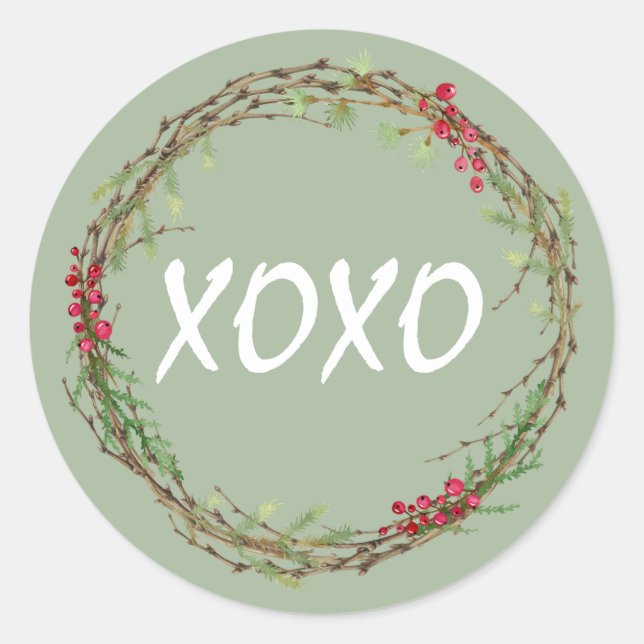 Sticker Rond Berries vertes hiver Wreath Noël XOXO (Devant)