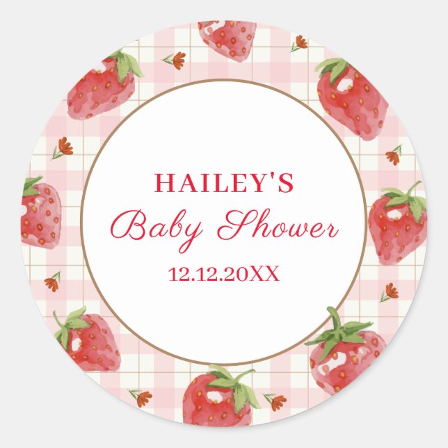 Sticker Rond Berry aux fraises roses En vichy Baby shower sucré (Devant)
