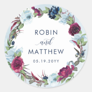 Sticker Rond Berry, Bleu Bourgogne Fleur Faveur / Enveloppe Sce