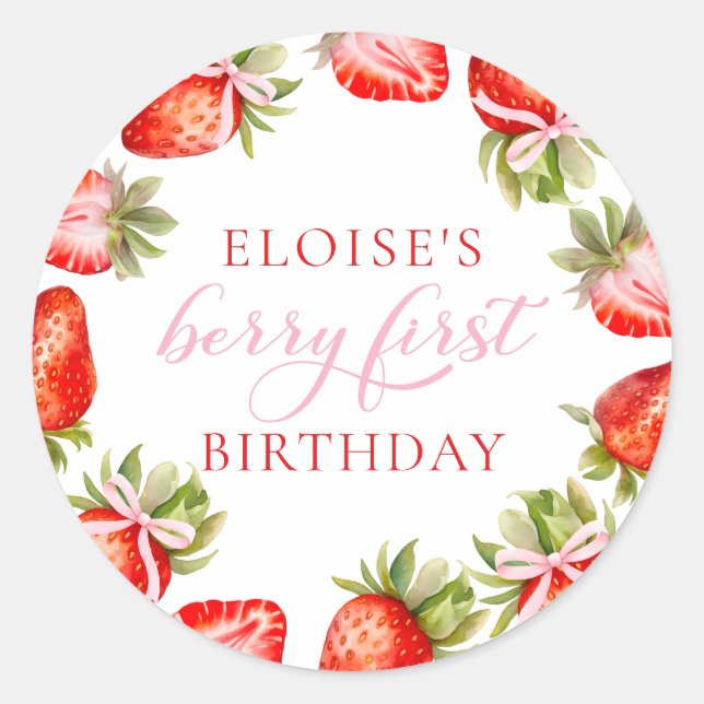 Sticker Rond Berry de fraise Coquette Premier anniversaire (Devant)