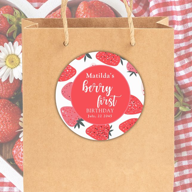 Sticker Rond Berry First Strawberry fête d'anniversaire Rouge (Créateur téléchargé)