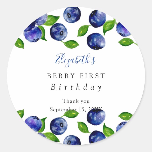 Sticker Rond Berry Premier Anniversaire Aquarelle Blueberry Cut (Devant)
