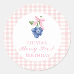 Sticker Rond Berry premier anniversaire bleu Bow rose En vichy