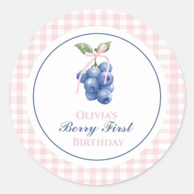 Sticker Rond Berry Premier anniversaire de bleuets Pink Bow En  (Devant)