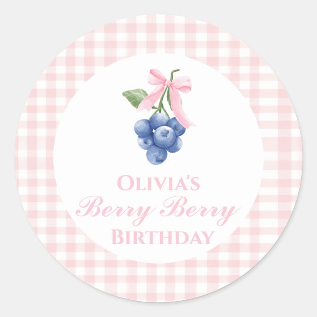 Sticker Rond Berry Sweet bleu anniversaire Pink Bow En vichy (Devant)
