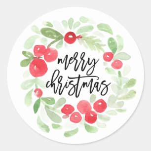Sticker Rond Berry Wreath Joyeux Noël Aquarelle Script