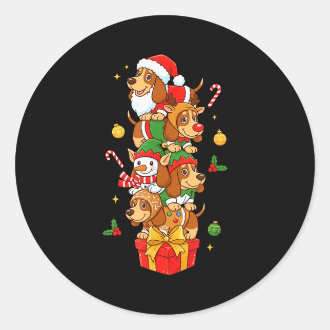Sticker Rond Bet Hound Santa Elf Snowman Christmas Womens Mens  (Devant)