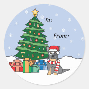 Sticker Rond Bétail australiens chien et arbre de Noël