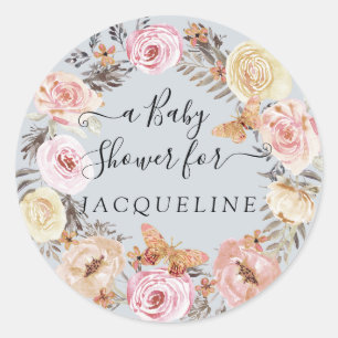 Sticker Rond Beurre d'eau bleu Bleu du papillon floral Wreath