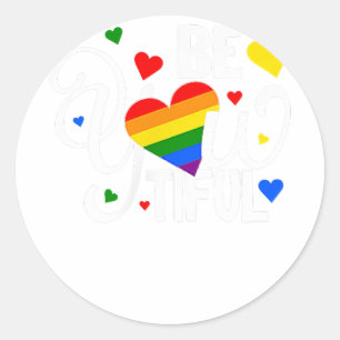 Sticker Rond BeYouTIFUL Gay pride Coeur arc-en-ciel lesbien