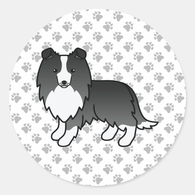 Sticker Rond Bi-Black Shetland Sheepdog Sheltie Cartoon Chien (Devant)