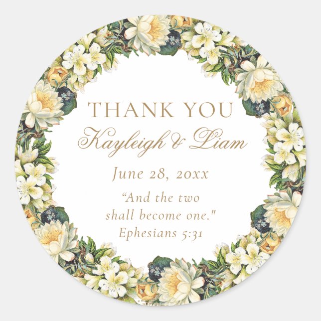Sticker Rond Bible Blanche Florale Verse Mariage chrétien Favor (Devant)