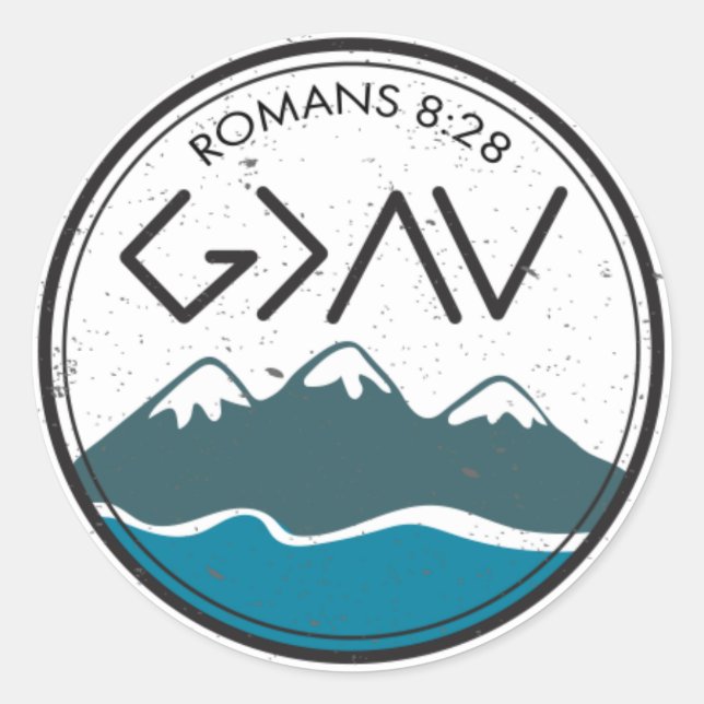 Sticker Rond Bible chrétienne contre Romains 8:28 Dieu est plus (Devant)