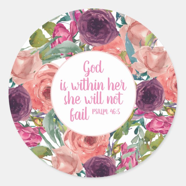 Sticker Rond Bible chrétienne Verse rose violet Floral (Devant)