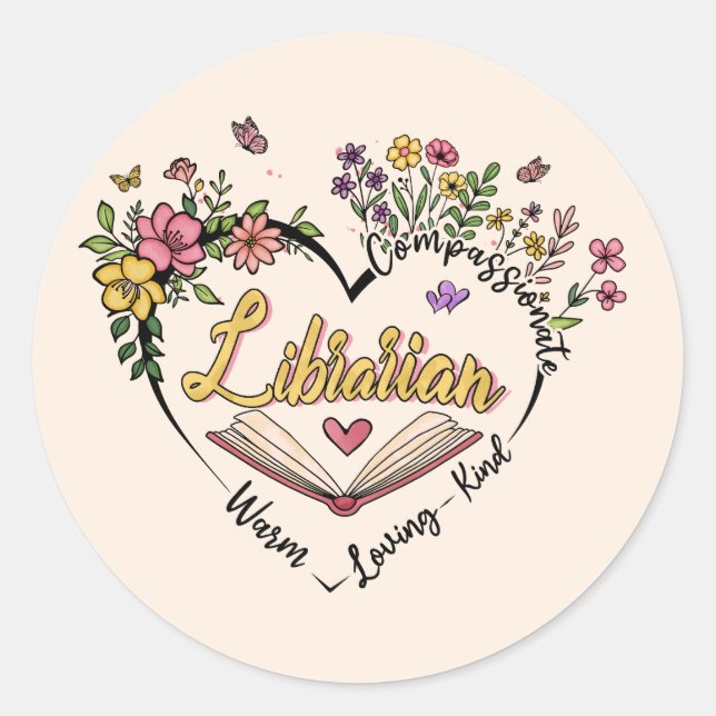 Sticker Rond Bibliothécaire compatissante - Floral Heart Design (Devant)