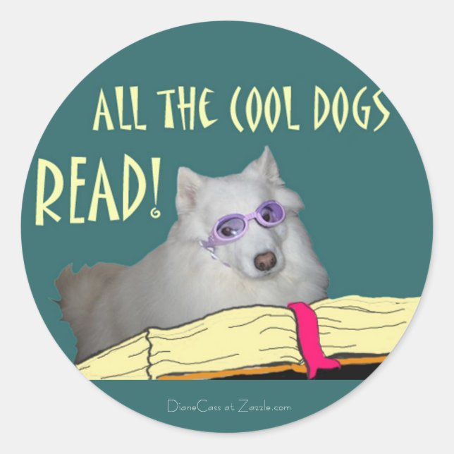 Sticker Rond Bibliothèque - Samoyed - Chiens Cool Lire l'alphab (Devant)
