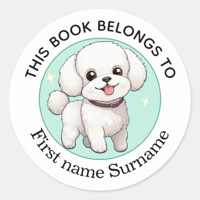 Sticker Rond Bichon Frise Ce Livre Appartient À Custom (Devant)