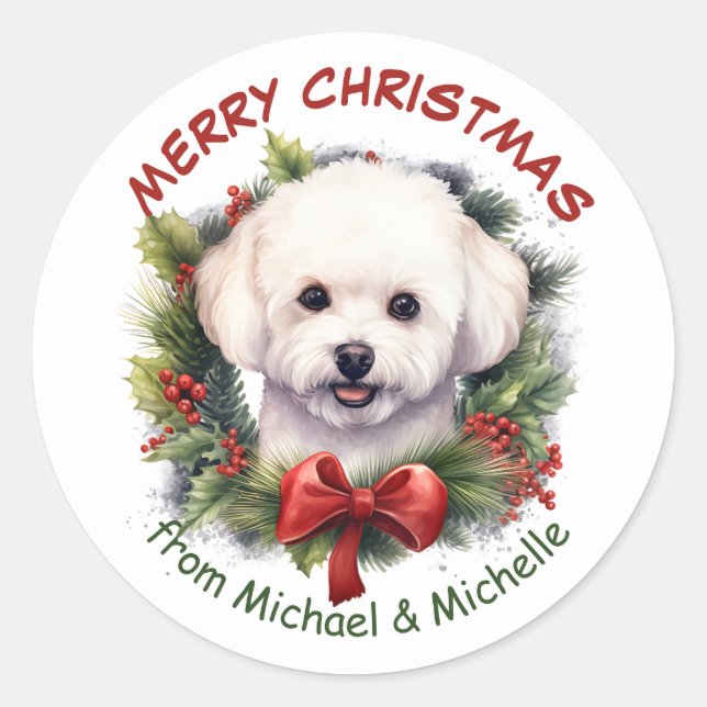 Sticker Rond Bichon Frise Chien Noël Red Bow Wreath (Devant)