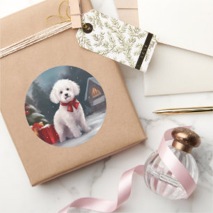Sticker Rond Bichon Frise Dog à Noël de neige