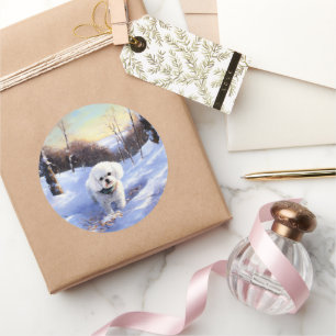 Sticker Rond Bichon Frisé Noël Qu'il neige
