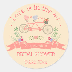 Sticker Rond Bicyclette en tandem, oiseaux et Fête des mariées 