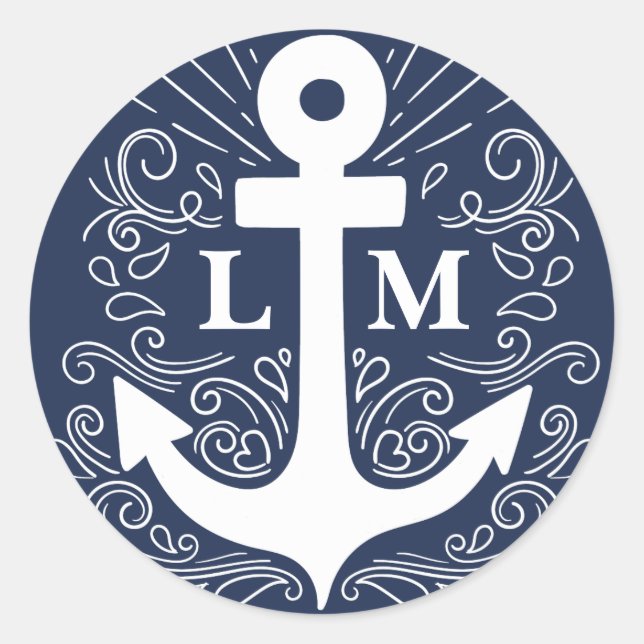 Sticker Rond Bien ancré | Mariage de monogramme nautique (Devant)