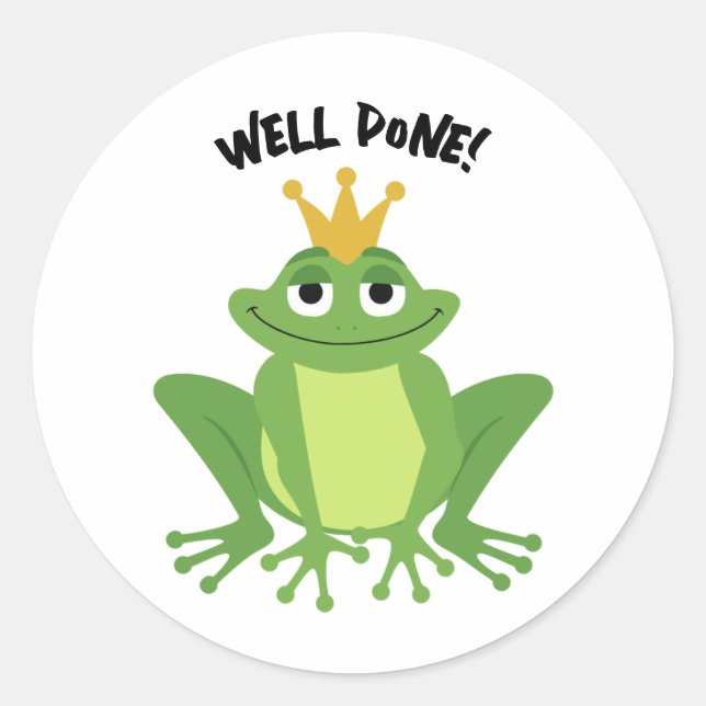 Sticker Rond Bien Fait ! Grenouille couronnée. Texte modifiable (Devant)