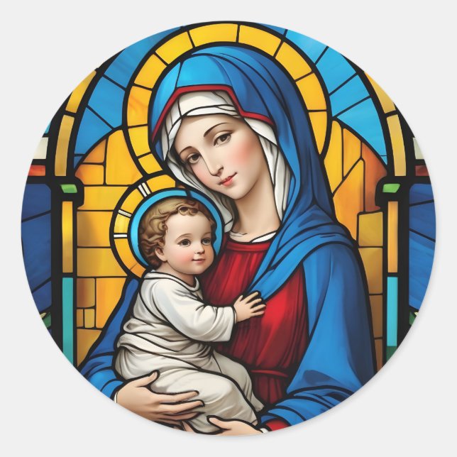 Sticker Rond Bienheureuse Mère Marie et Bébé Jésus - Vierge Mar (Devant)