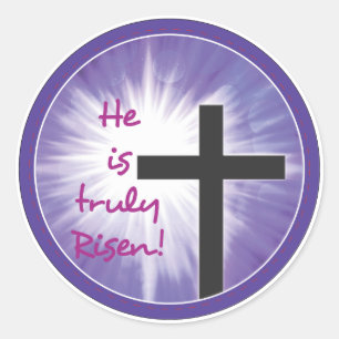 Sticker Rond Bienheureux de Pâques Cross Starburst sur violet,