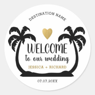 Sticker Rond Bienvenue À Destination Mariage Palm Tropical