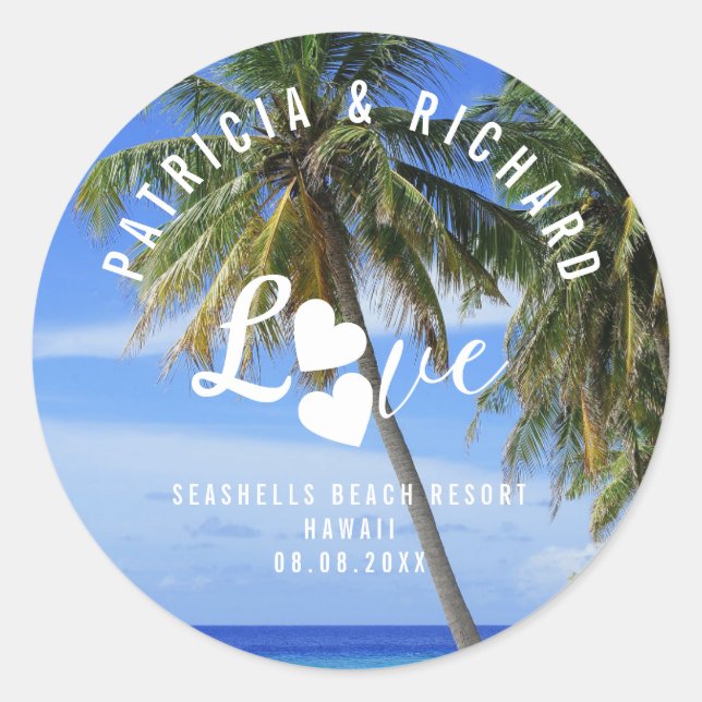 Sticker Rond Bienvenue À Notre Beach Wedding Nom Destination (Devant)