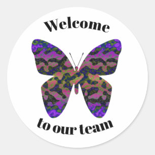 Sticker Rond Bienvenue à notre équipe Papillon Vibrant Nouveau