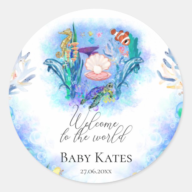 Sticker Rond Bienvenue Baby Ocean Sea Animaux (Devant)