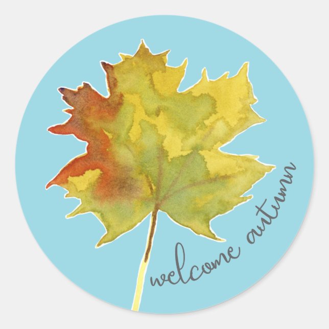 Sticker Rond Bienvenue Feuille d'érable d'automne bleu aquarell (Devant)