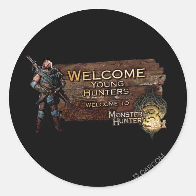 Sticker Rond Bienvenue jeunes chasseurs, à Monster Hunter Tri! (Devant)