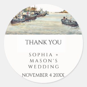 Sticker Rond Bienvenue Mariage Watercolor Seascape Bateaux côti
