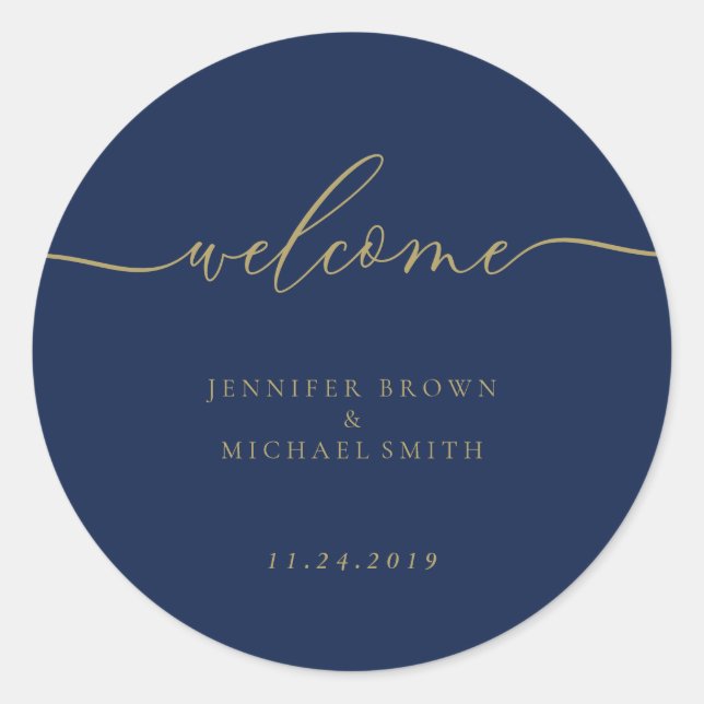 Sticker Rond Bienvenue Simple Mariage Or Bleu Marine Script (Devant)