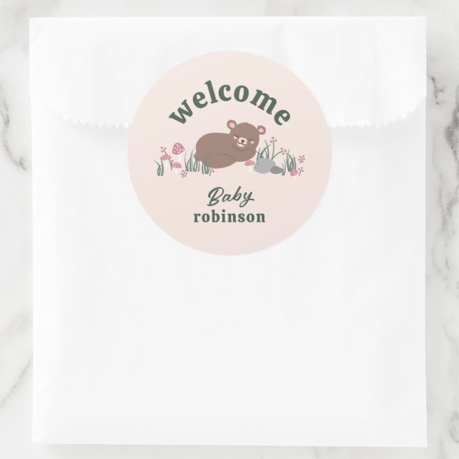 Sticker Rond Bienvenue Sweet Woodland Bear rose rond (Sac)