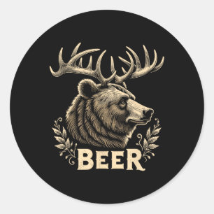 Sticker Rond Bière Amusante Design Vintage Ours Avec Antlers De
