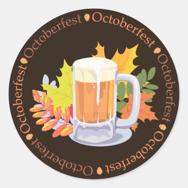 Sticker Rond Bière Oktoberfest et feuilles d'automne, brun (Devant)