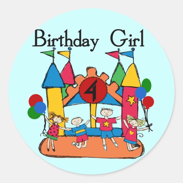 Sticker Rond Big Bounce Girl 4th Birthday T-shirts et cadeaux (Devant)