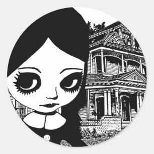 Sticker Rond Big eye Goth girl Haunted house Original art