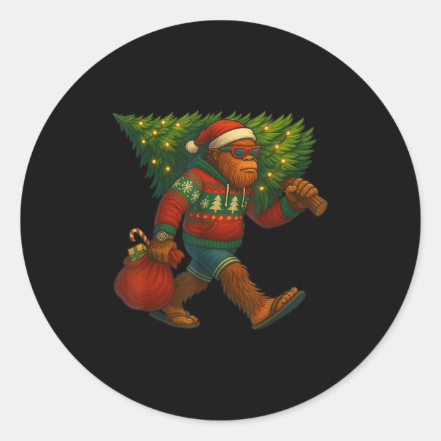 Sticker Rond Bigfoot Christmas Tree Lights Xmas Sasquatch Boys  (Devant)
